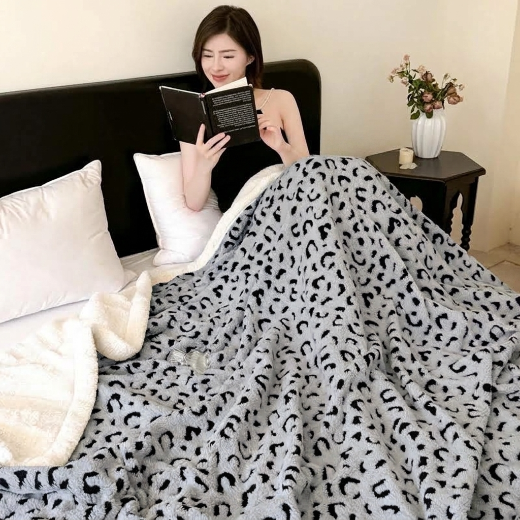 Grey Soft Leopard-Print Fleece Throw