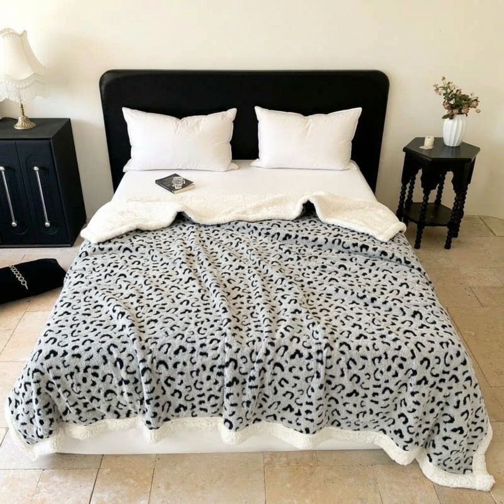 Grey Soft Leopard-Print Fleece Throw