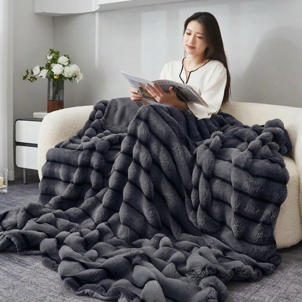 Charcoal Plush Textured Striped Faux Fur Throw