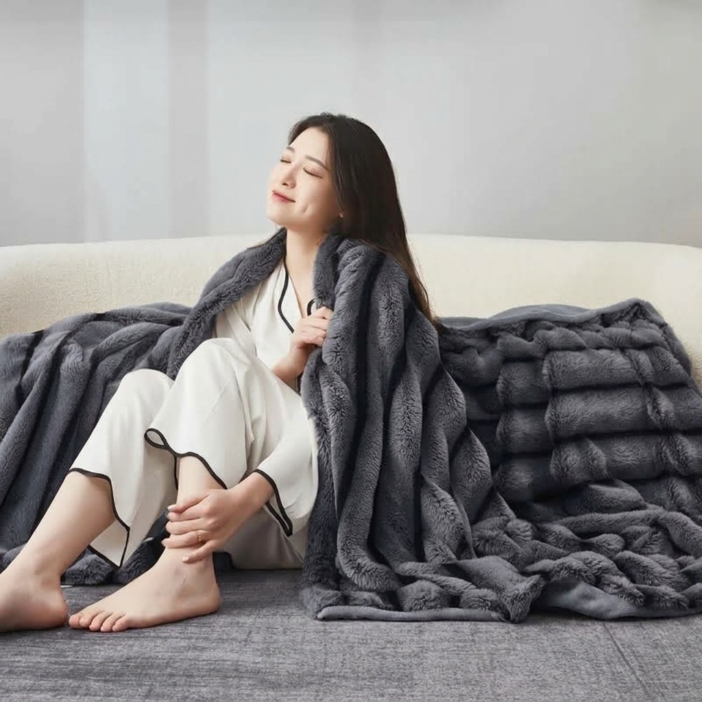 Charcoal Plush Textured Striped Faux Fur Throw