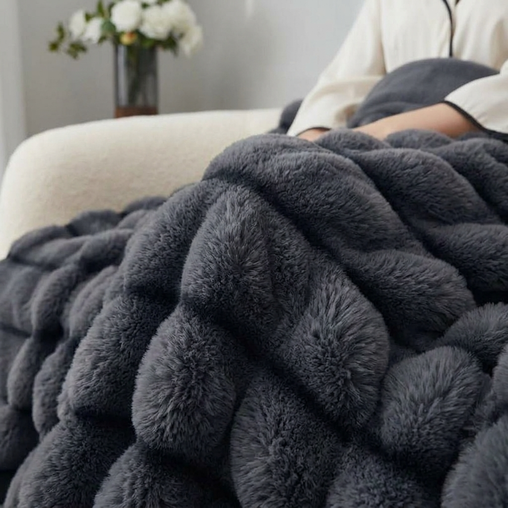 Charcoal Plush Textured Striped Faux Fur Throw