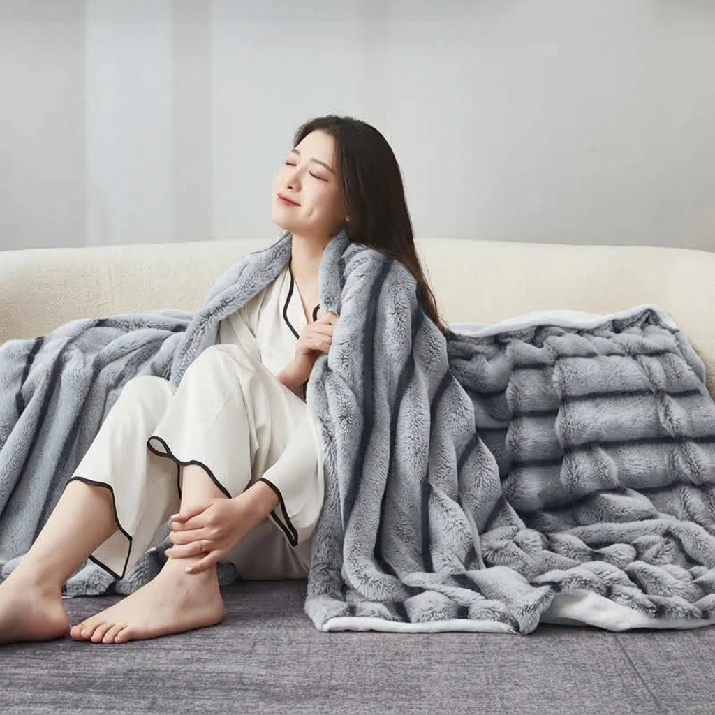 Grey Plush Textured Striped Faux Fur Throw
