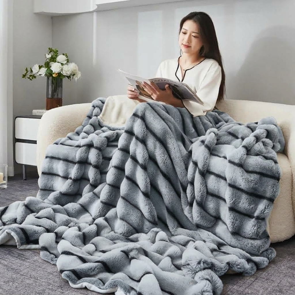 Grey Plush Textured Striped Faux Fur Throw