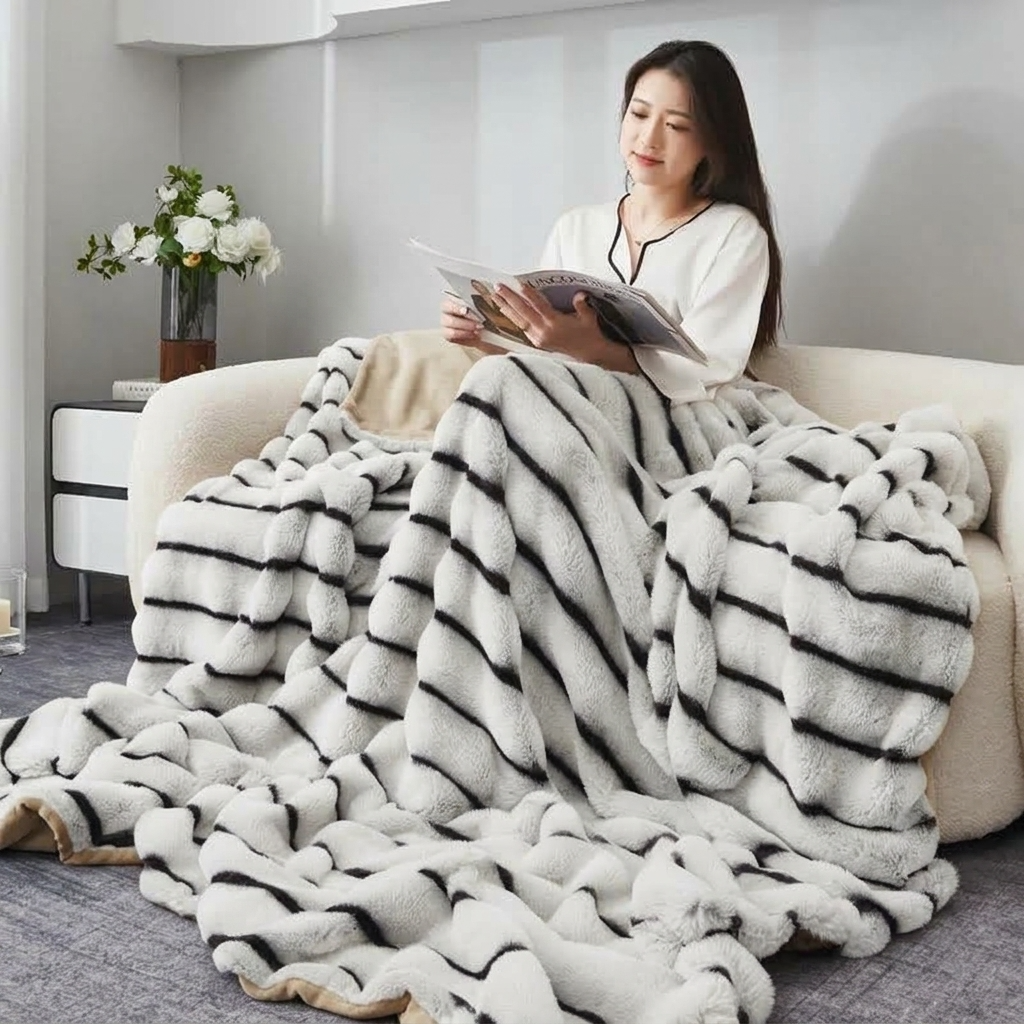White Plush Textured Striped Faux Fur Throw