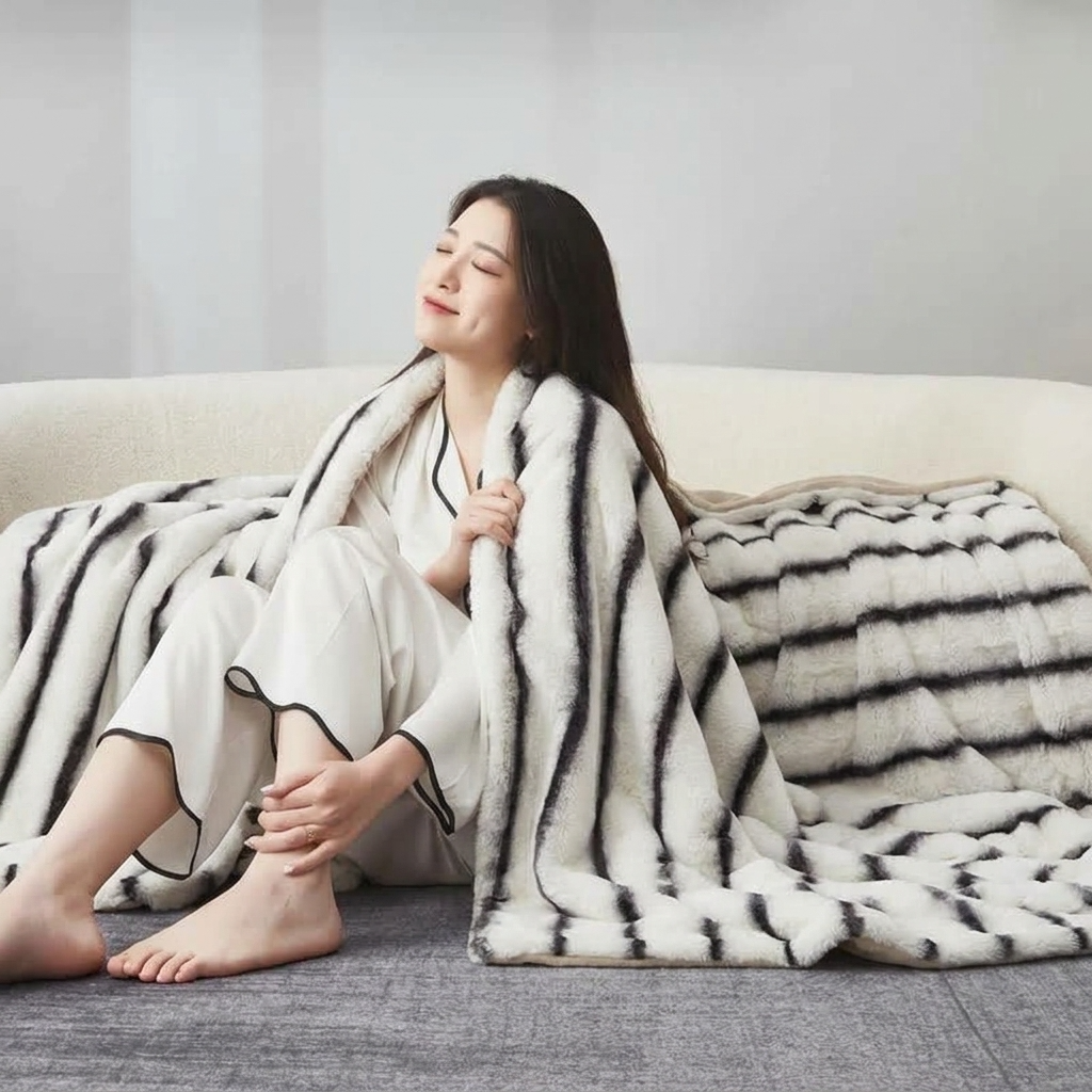 White Plush Textured Striped Faux Fur Throw