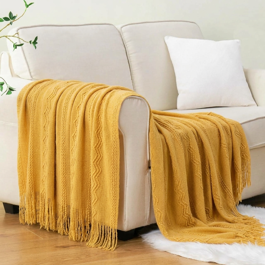 Yellow Textured Knitted Fringed Throw