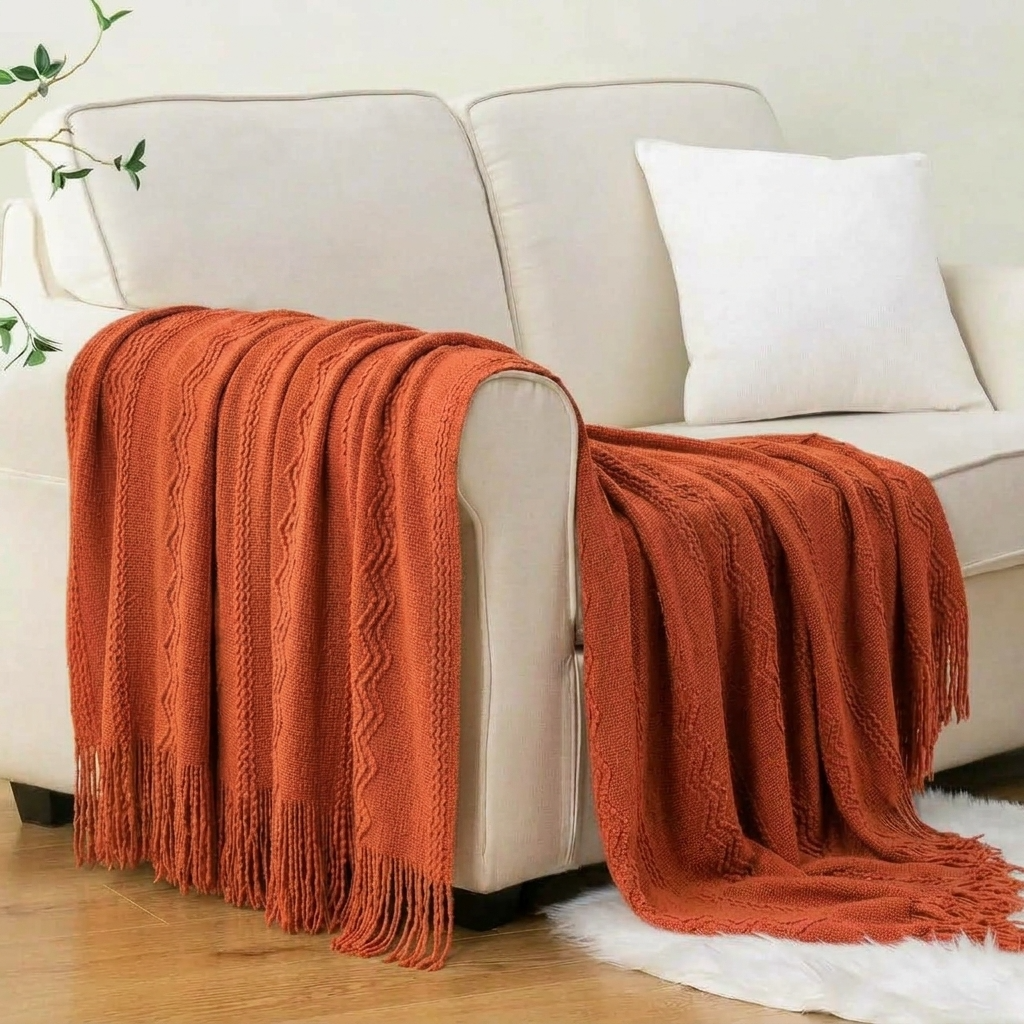 Orange Textured Knitted Fringed Throw
