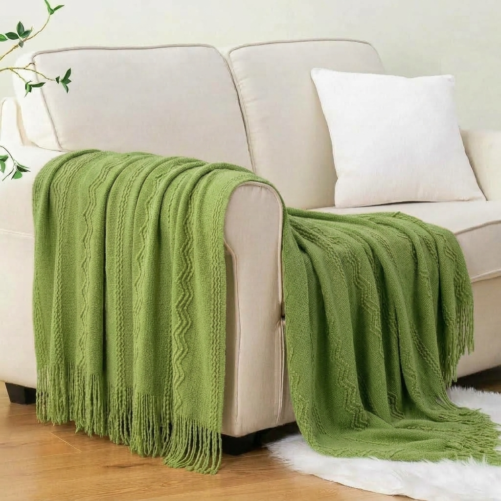Olive Textured Knitted Fringed Throw