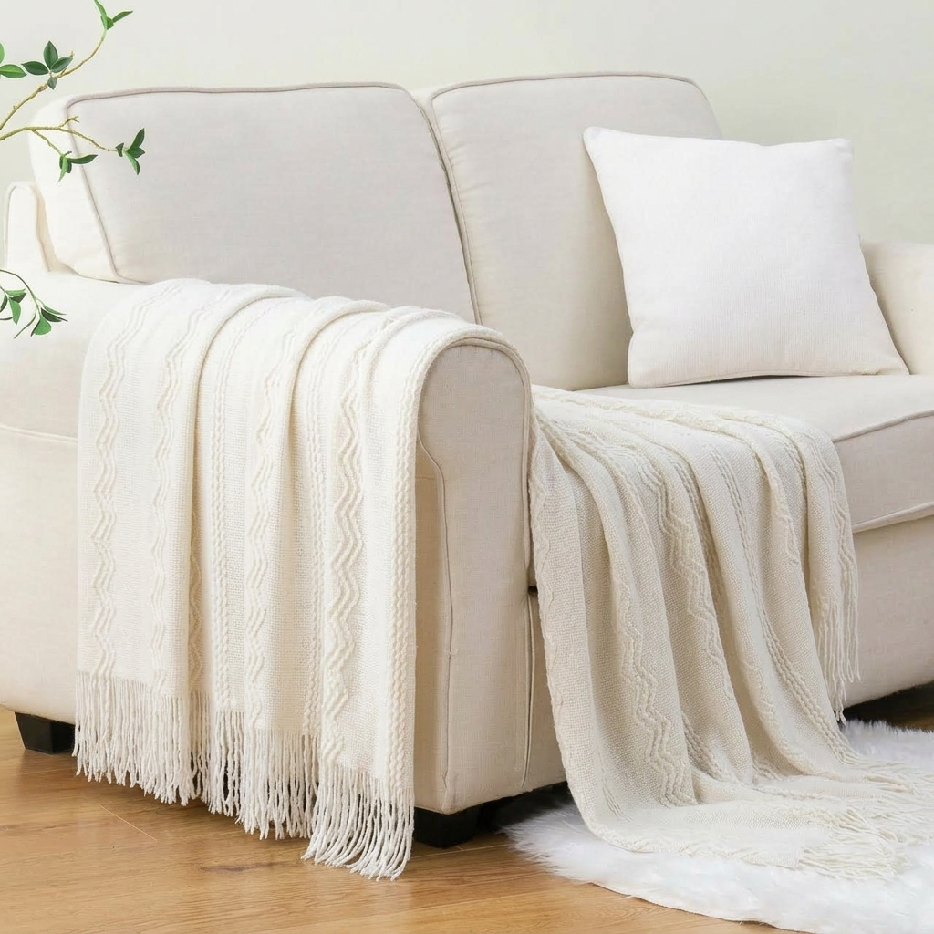 White Textured Knitted Fringed Throw