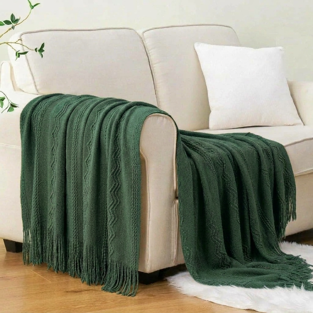 Forest Green Textured Knitted Fringed Throw