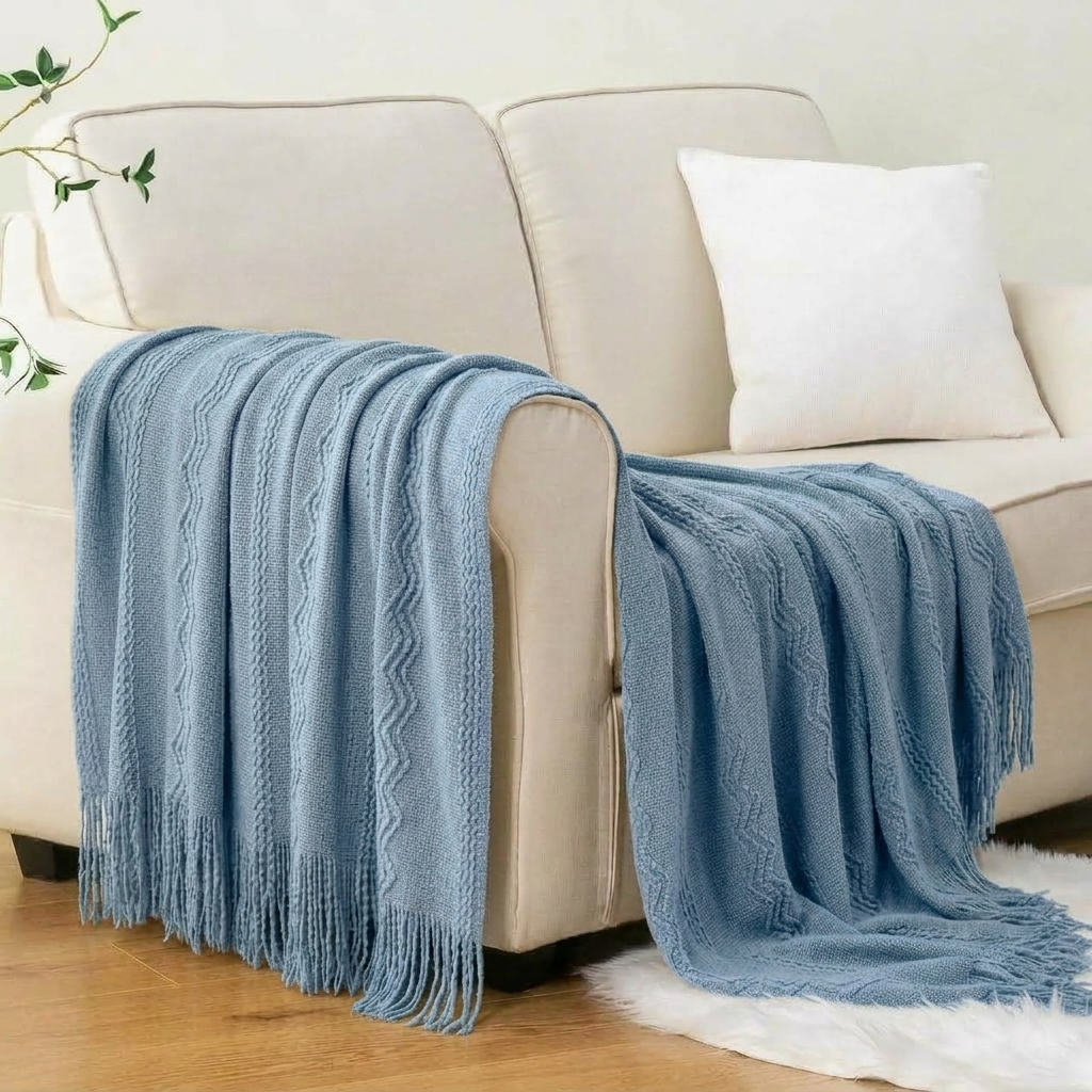 Blue Textured Knitted Fringed Throw