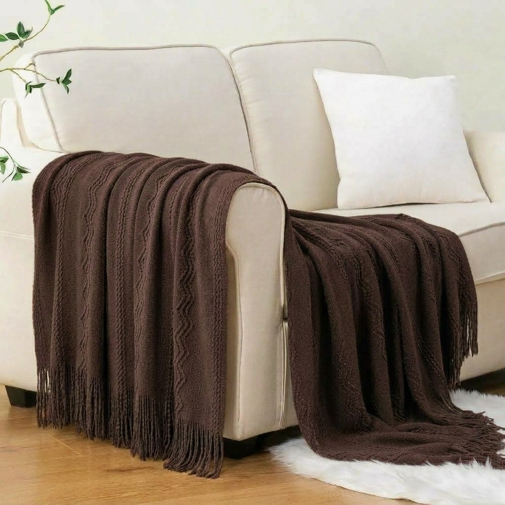 Brown Textured Knitted Fringed Throw