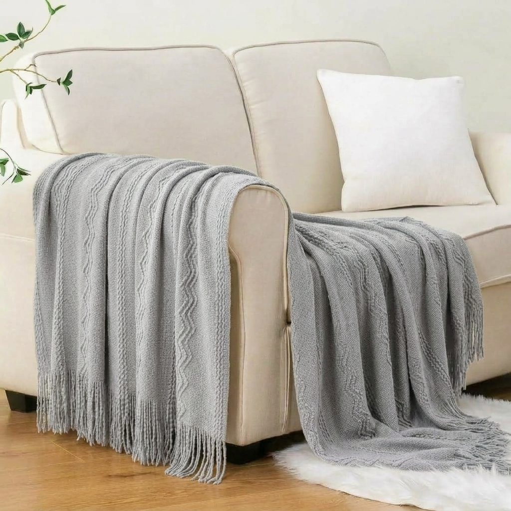 Grey Textured Knitted Fringed Throw