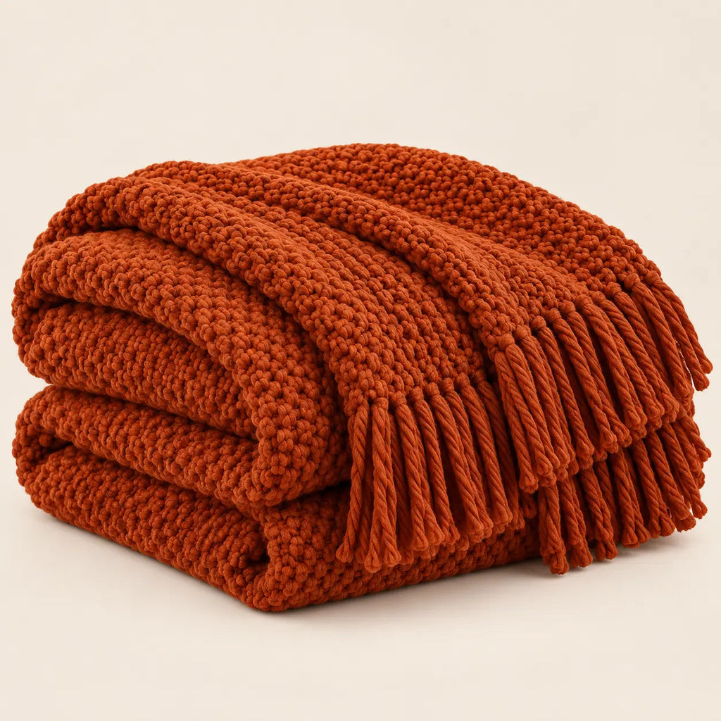 Waffle-Knit Fringed Sofa Throw