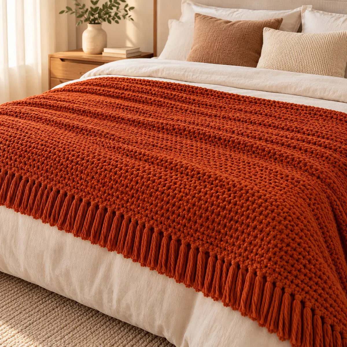 Waffle-Knit Fringed Sofa Throw