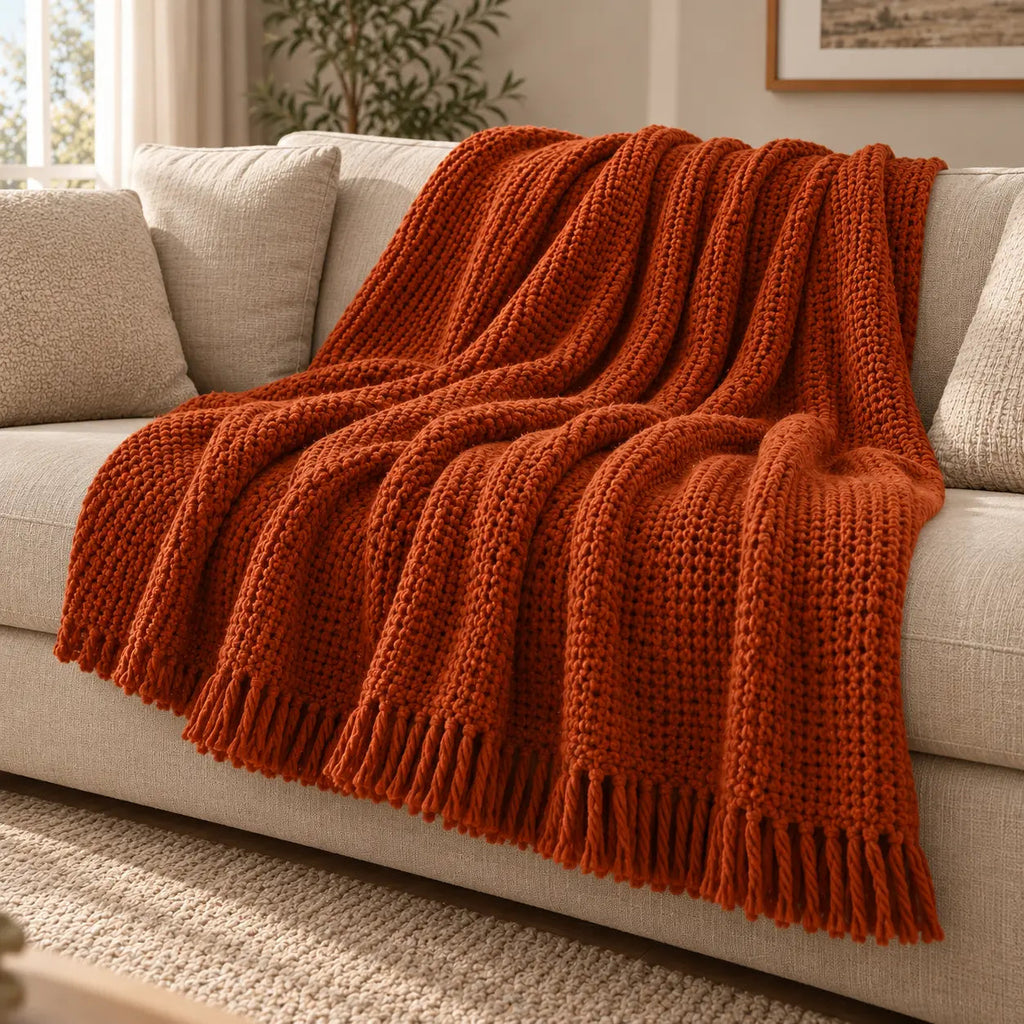 Waffle-Knit Fringed Sofa Throw – Terracotta 127x180cm