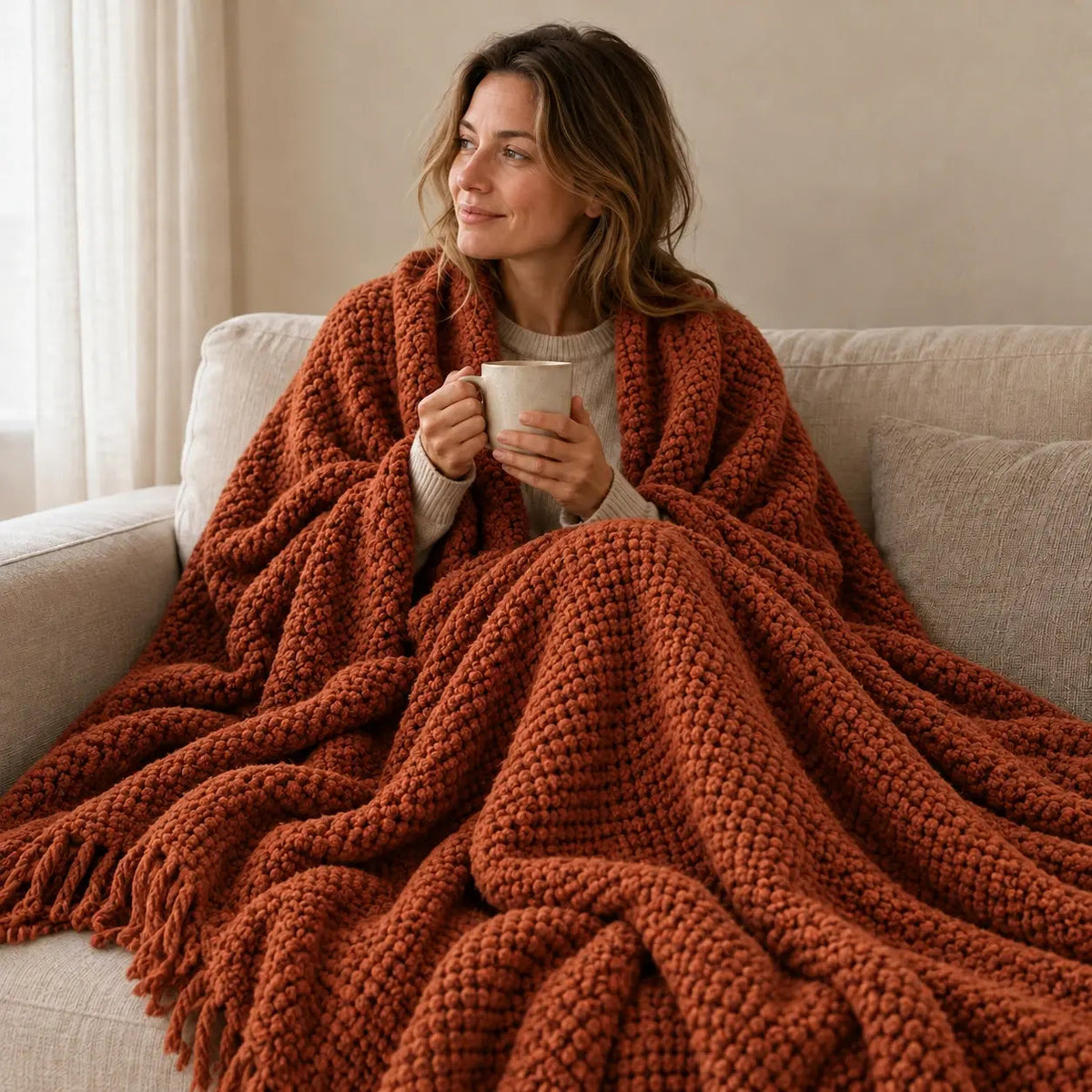 Waffle-Knit Fringed Sofa Throw – Terracotta 130x240cm