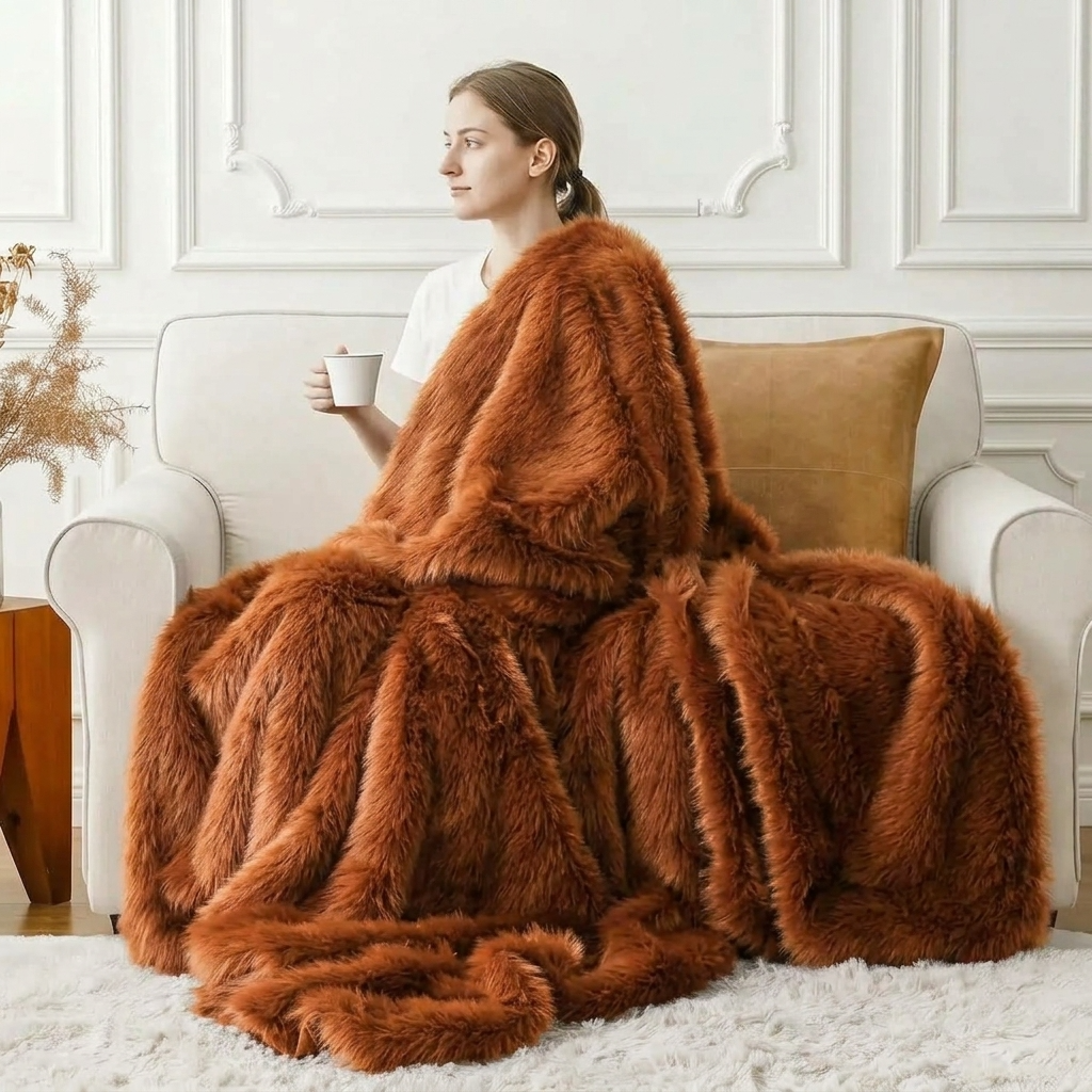 Terracotta Soft Long-Pile Faux Fur Throw