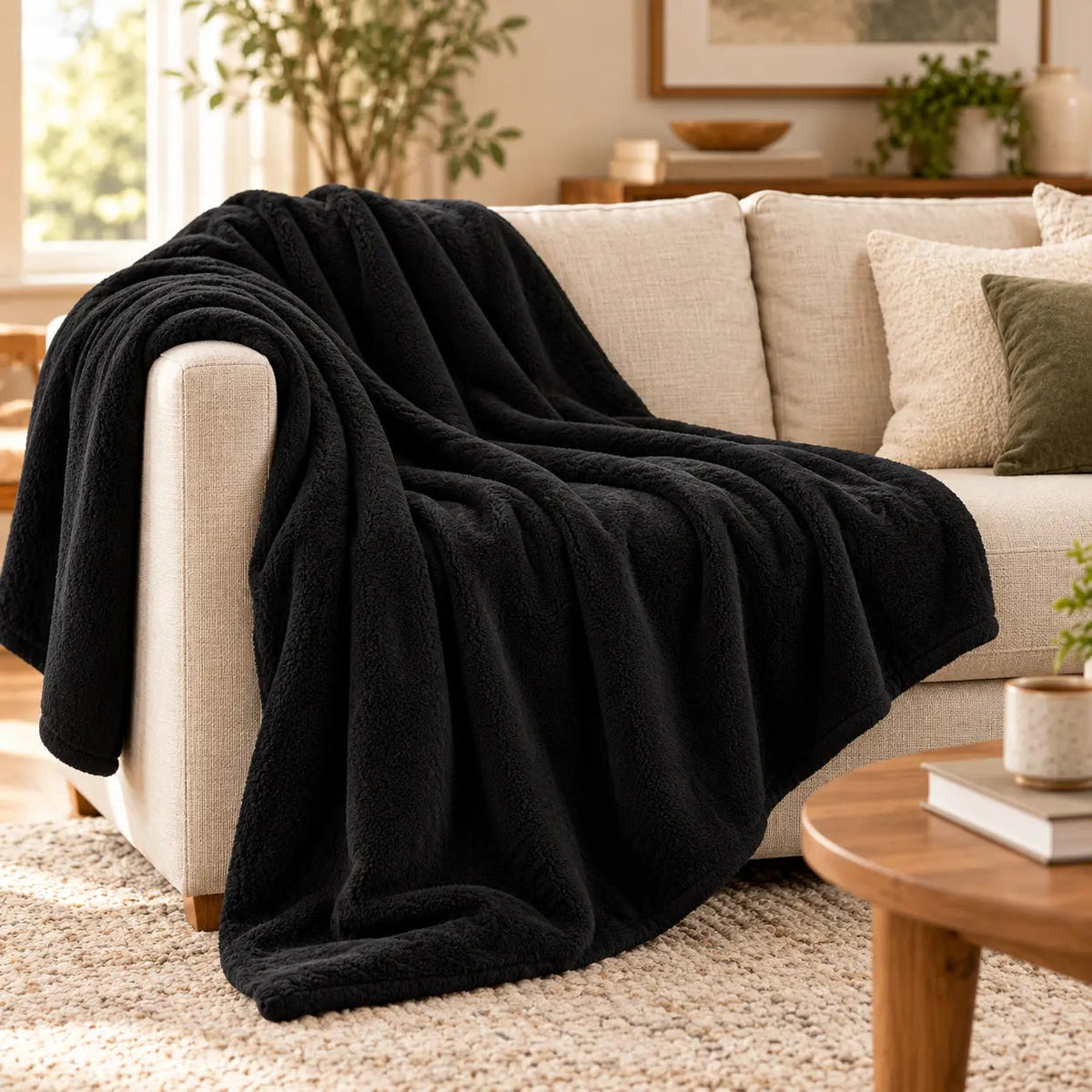 Warm Plain Fleece Throw – Black 70x100cm