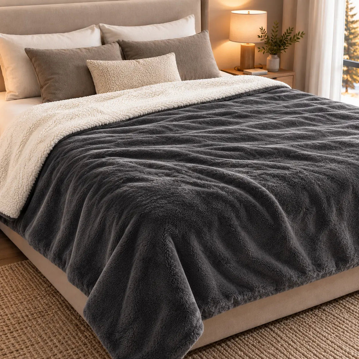 Warm Reversible Sherpa Throw – Dark grey 150x200cm
