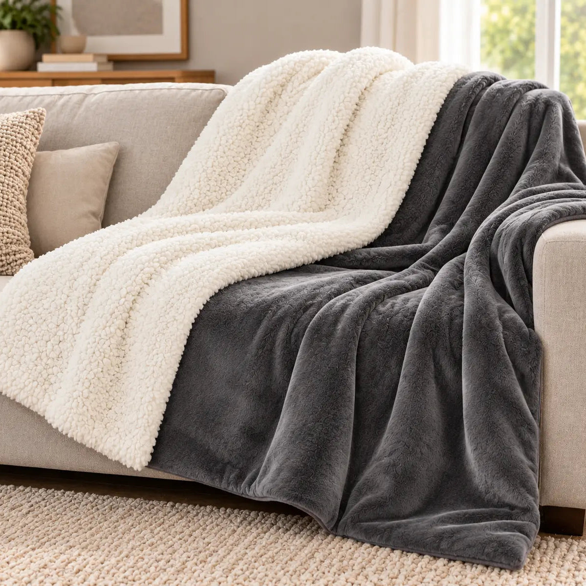 Warm Reversible Sherpa Throw – Dark grey 70x100cm