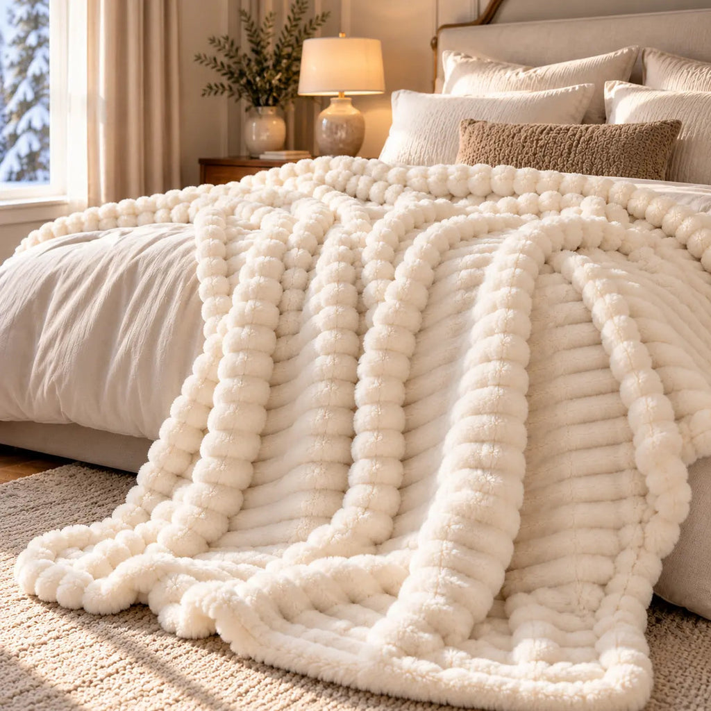 Warm Ribbed Velvet Sofa Throw – White 200x230cm