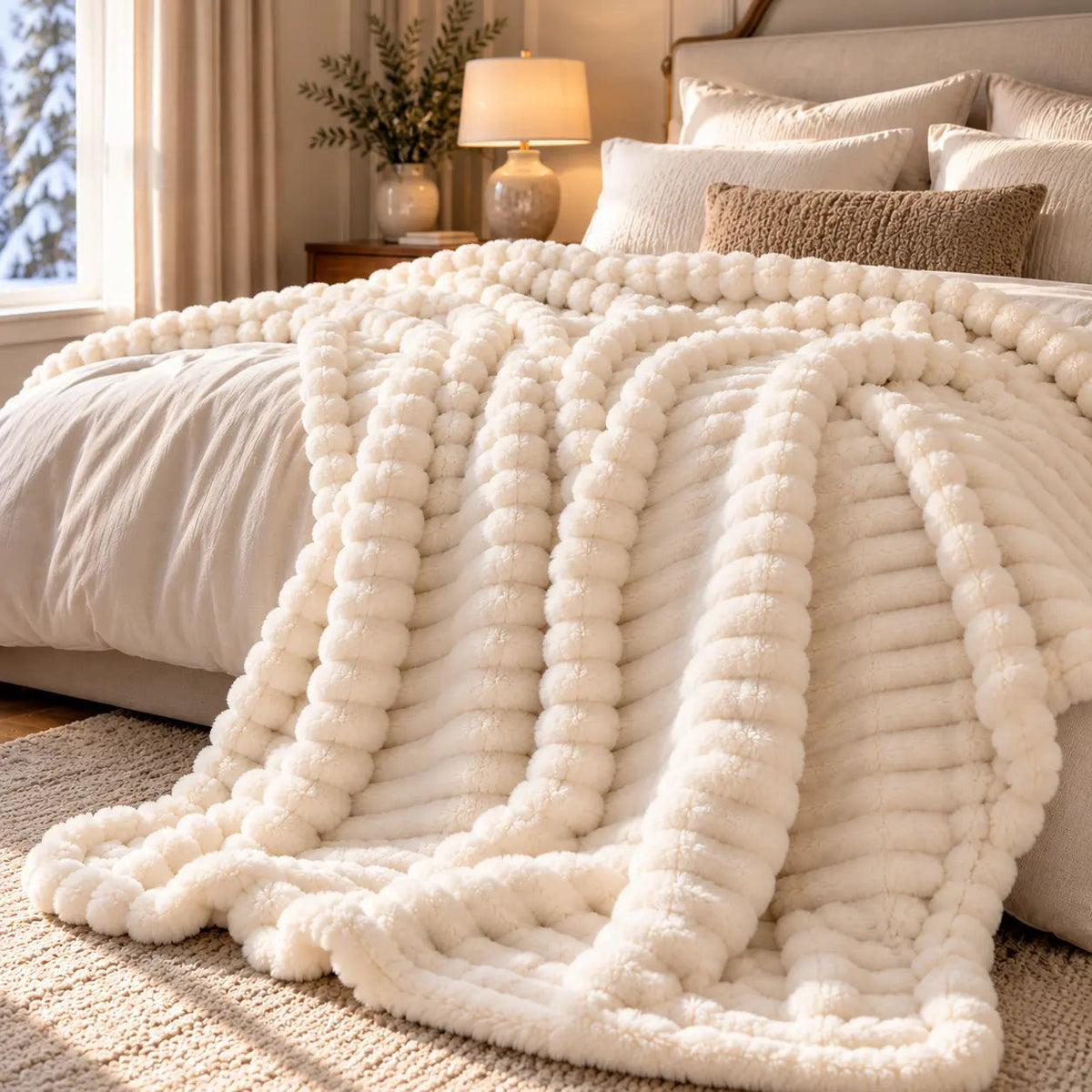 Warm Ribbed Velvet Sofa Throw – White 200x230cm