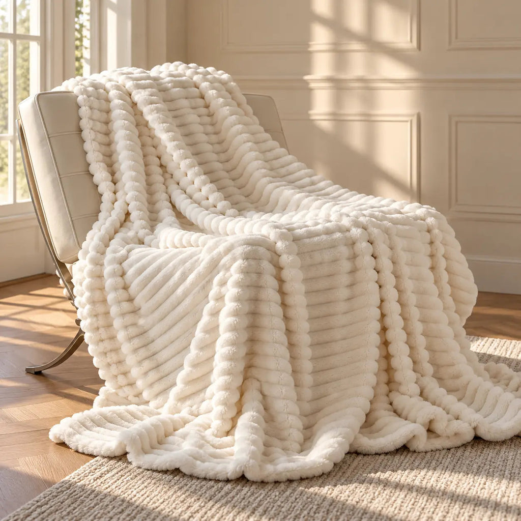 Warm Ribbed Velvet Sofa Throw – White 70x100cm
