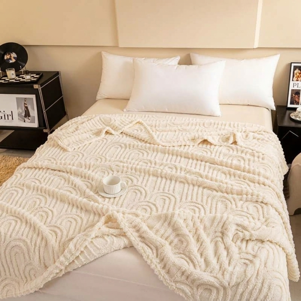 Ecru Soft Raised Jacquard Fleece Throw
